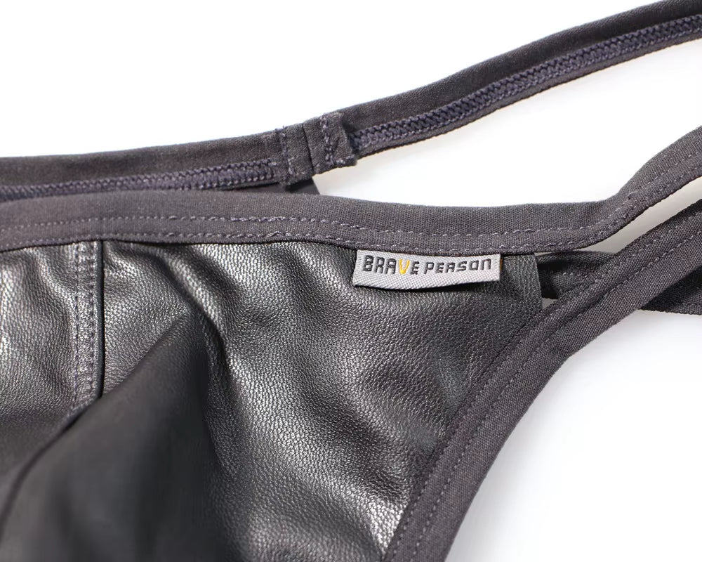 Men Briefs Sexy Underwear Men Thongs Imitation Leather Fabric Double Belts Design Sissy Panties Thongs for Man