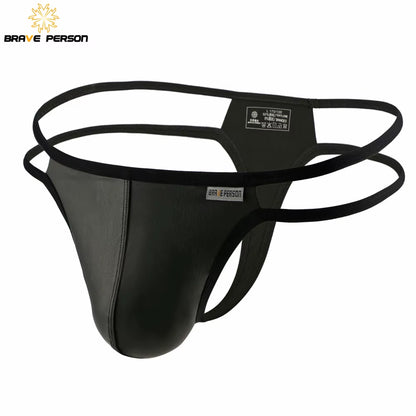 Men Briefs Sexy Underwear Men Thongs Imitation Leather Fabric Double Belts Design Sissy Panties Thongs for Man