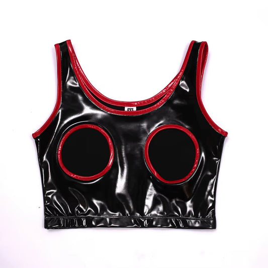 Open Chest Sexy Underwear Tank Top Sleevele Vest PVC Mirror Faux Latex Leather Waistcoat Body Shaper Exposed Breast Erotic Tops