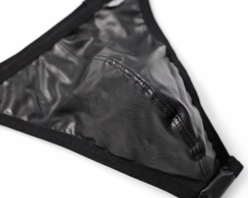 Men Briefs Sexy Underwear Men Thongs Imitation Leather Fabric Double Belts Design Sissy Panties Thongs for Man